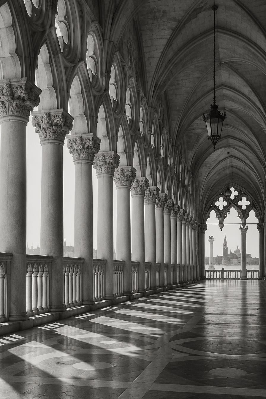Il porticato gotico di Palazzo Ducale a Venezia, in bianco e nero